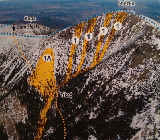 Obrázek 10: Lavinová dráha č. 1 a č. 1A (Kociánová et. al., 2013) Žlab Úpičky č.