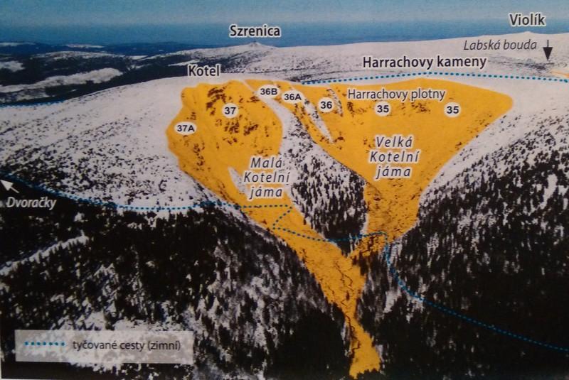 Závětrný svah č. 37A Při intenzivní sněžení dochází na jihovýchodním svahu Malé Kotelní jámy k sesuvu sněhových lavin. Sněhová masa dojíždí až k cestě vedoucí dnem Kotelní jámy.