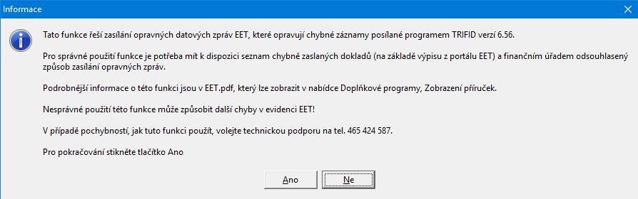 Funkci by měl spouštět pouze uživatel, který ví, co a proč dělá, protože zaslání nesmyslných údajů na EET může způsobit vážné problémy.