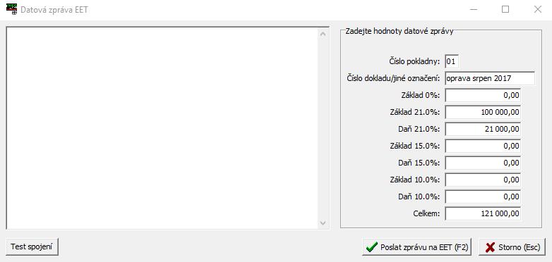 Datová zpráva EET Pokud nelze z nějakých důvodů poslat opravy na základě výpočtu z původních dokladů, je možné vypočítat částky opravné zprávy jiným způsobem a datovou zprávu vyplnit ručně.