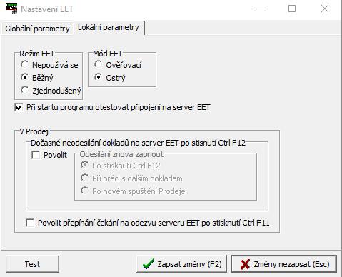 Tabulka má dále záložku Lokální parametry (nutno nastavit zvlášť na každé pokladně v síti): Zde se zapíná režim komunikace EET normální režim je Běžný.