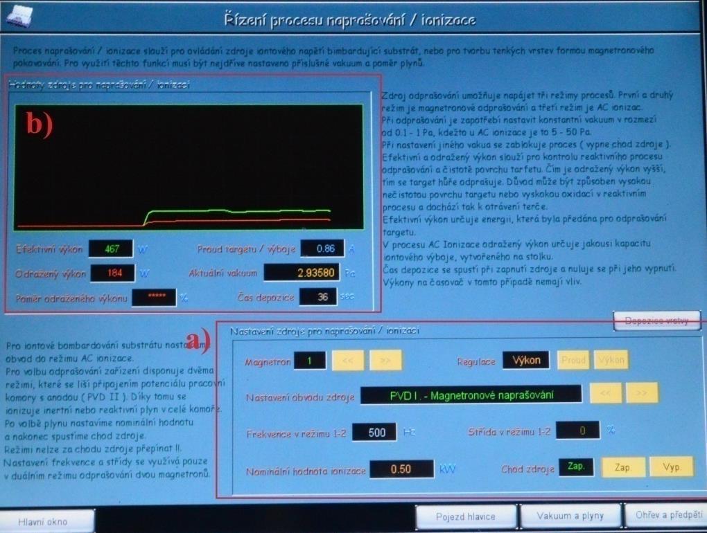 Obr. 5.4. a) Nastavení zdroje pro naprašování mědi; b) Hodnoty zdroje pro naprašování. 5.1.