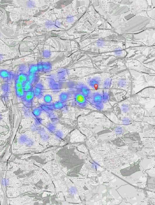 Místo, kde pracují rezidenti, kteří projdou v blízkosti lokality Solidarita Z detailní datové analýzy Urban Algorithmics vyplývá, že tzv.