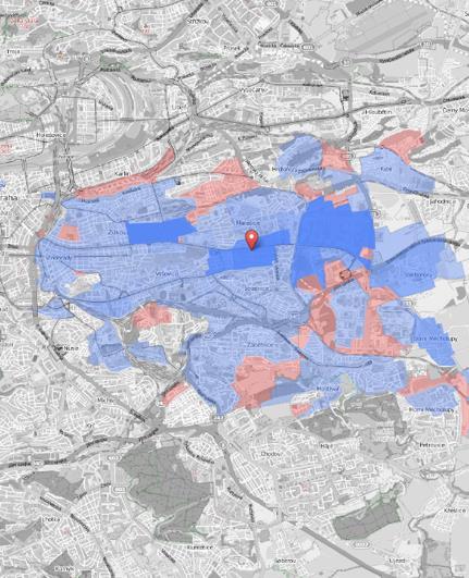 Místa dosažitelná od zájmové oblasti do 30 minut MHD Mapa na pravé straně zachycuje místa, která jsou z lokality dosažitelná do 30 minut využitím městské hromadné dopravy.