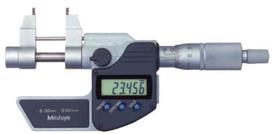 DIGIMATIC Mikrometry s čelistmi pro měření vnitřních rozměrů Funkce Série 345 Automatické vypínání po 20 minutách nepoužívání DATA/HOLD 2 x PRESET (předvolba) Alarm slabé baterie Funkce "Lock"