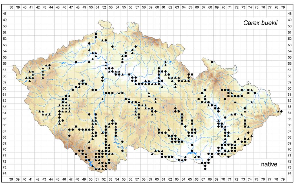 Distribution of Carex buekii in the Czech Republic Author of the map: Vít Grulich, Radomír Řepka Map produced on: 06-02-2018 Database records used for producing the distribution map of Carex buekii