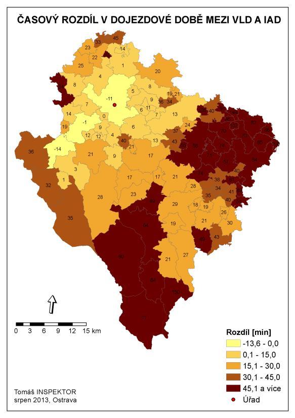 Obr. 5. Rozdíl mezi VLD a IAD Ještě více dokresluje situaci mapa zobrazující celkový čas trvání služební cesty, tzn.