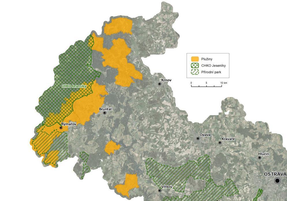 Celková rozloha oblastí dochovaných plužin na Jesenicku v rámci MSK - 443 km2, z toho v CHKO Jeseníky