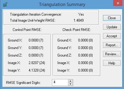 Zpracováváno v programu ERDAS Imagine 2014, modul LPS a Stereo Výpočet aerotriangulace The exterior orientation parameters image ID Xs Ys Zs OMEGA PHI KAPPA 14 539197.7974 5598564.2702 1039.0804-0.