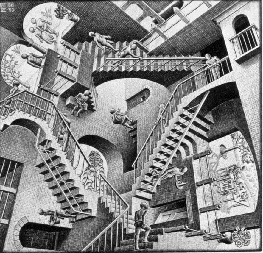 OPTICKÉ ILUZE mnohoznačnost prostoru M. C. Escher: Relativita (1953) Tři roviny gravitace zde působí kolmo jedna na druhou. Tři povrchy, na nichž žijí lidé, se v pravém úhlu protínají.