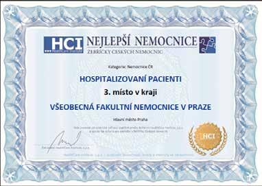 Oblast Bezpečnost a spokojenost pacientů (hospitalizovaných), kategorie Nemocnice ČR: VFN obsadila 3. místo v kraji (meziroční zlepšení).