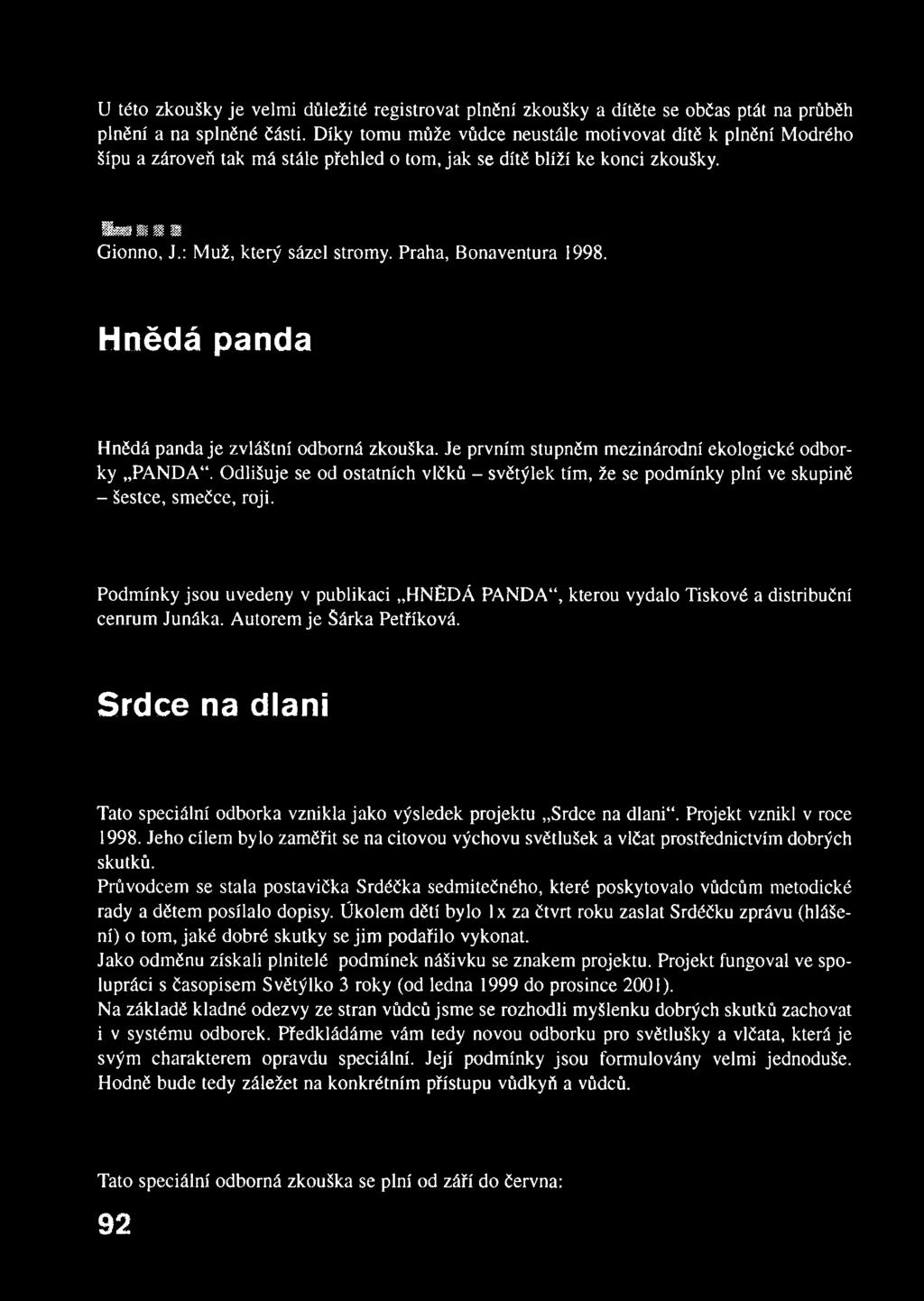 Praha, Bonaventura 1998. Hnědá panda Hnědá panda je zvláštní odborná zkouška. Je prvním stupněm mezinárodní ekologické odborky PANDA.