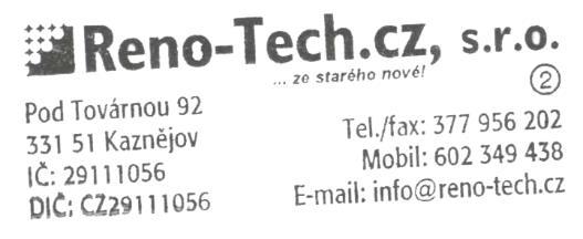 Kompletní řešení povrchových úprav a renovací (technologie, příslušenství, ochranné prostředky, materiály, školení) Obchodní podmínky Reno-Tech.cz, s.r.o. Pod Továrnou 92 331 51 Kaznějov (u Plzně) Czech Republic IČ: 29111056 DIČ: CZ29111056 Kód DUNS: 367141531 Tel.