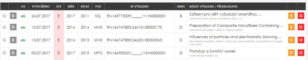 Dále je v seznamu výsledků možné filtrovat dle: systémového stavu záznamu výsledku (R - rozpracovaný, P - připravený), druhu výsledku, dle kontrolního čísla (vyplněno, nevyplněno), podle