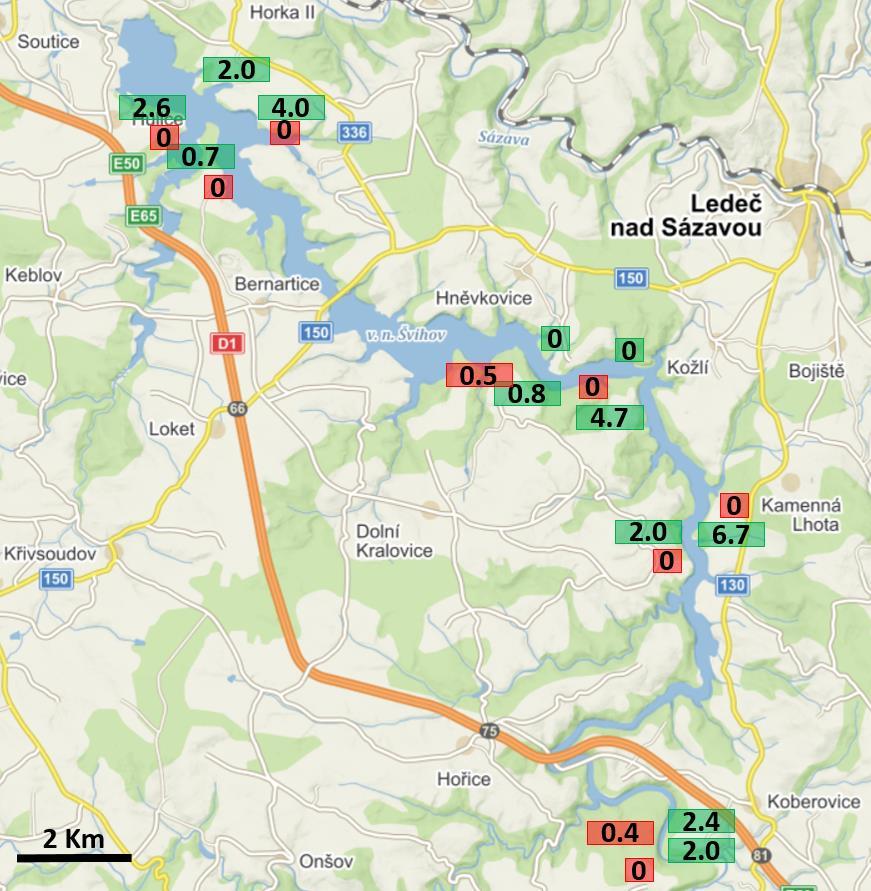 Obr. 1: Mapa nádrže Švihov s vyznačenými místy plážového typu s výskytem makrofyt (zeleně) a suťového typu (červeně), kde