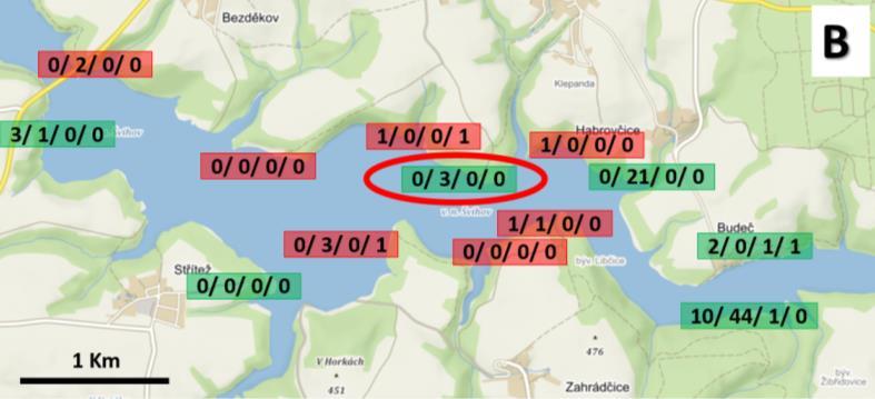 (červeně), kde probíhaly odlovy na podzim roku 2017 a jaře 2018,