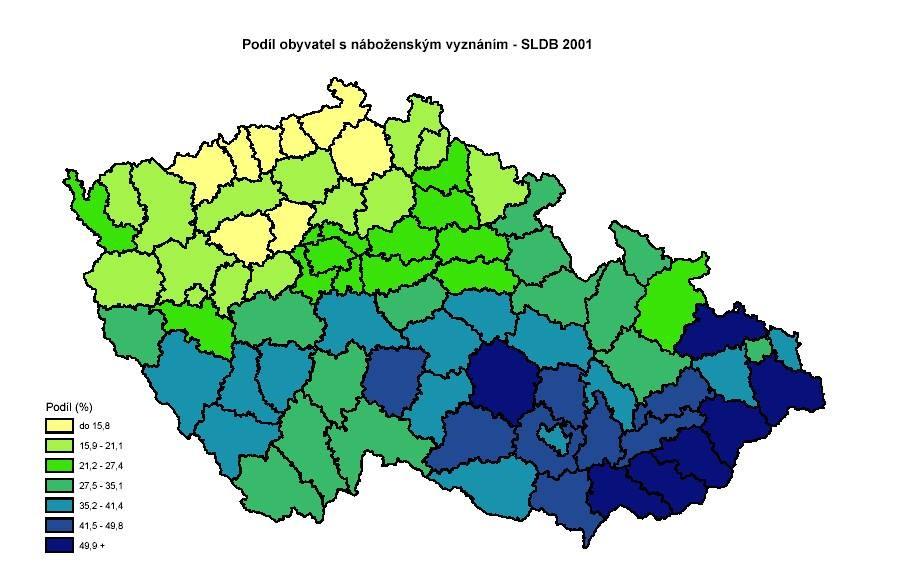 Náboženství na mapě ČR Podíl