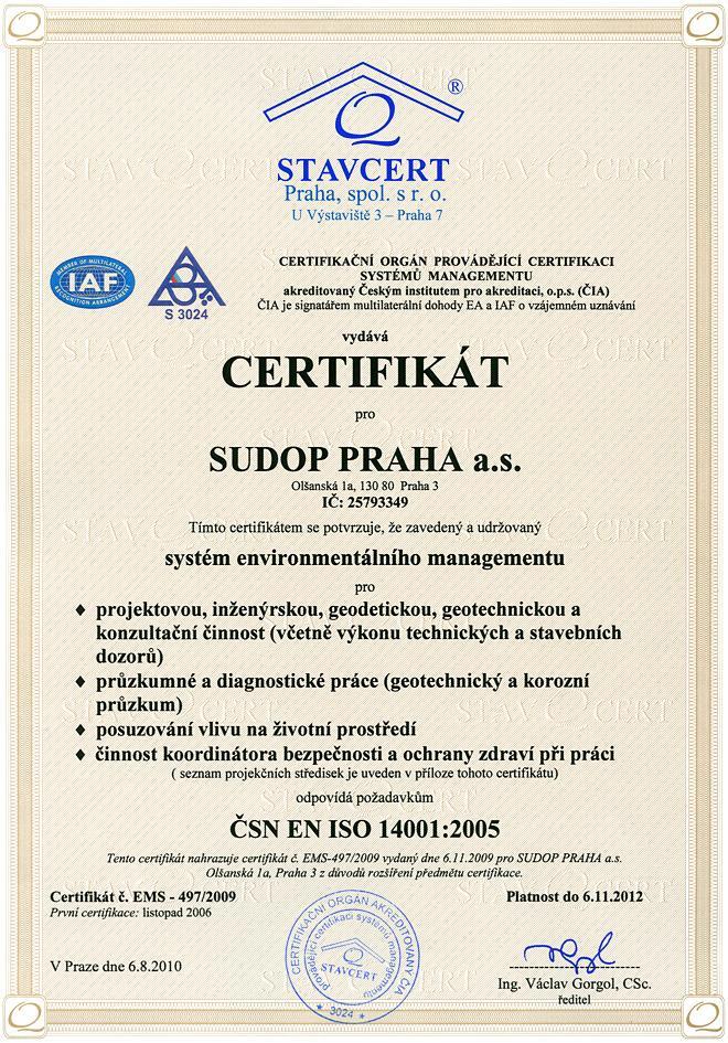 9 CERTIFIKÁT EMS ZP08 - SUDOP PRAHA a s -