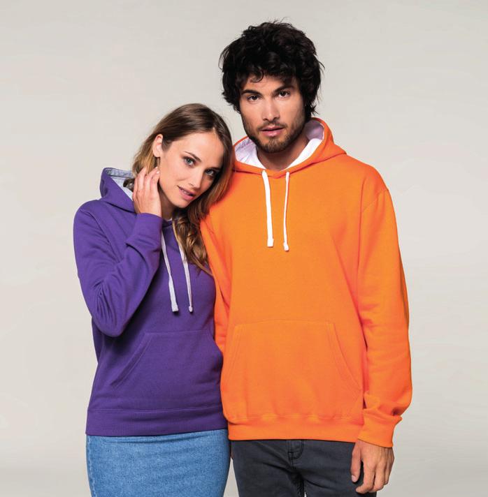 20.K465 Kariban K465 Dámská dvoubarevná mikina s kapucí 280g/m², 80% bavlna, 20% polyester vypasovaný střih, kontrastní barva zateplené kapuce se šňůrkou, manžety rukávů a lem z žebrového úpletu,
