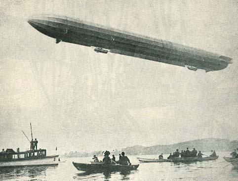 Obr. 3 Námořní zeppelin nad Bodamským jezerem. Podle [7]. Fig. 3. A naval zeppelin over the Lake of Constance.