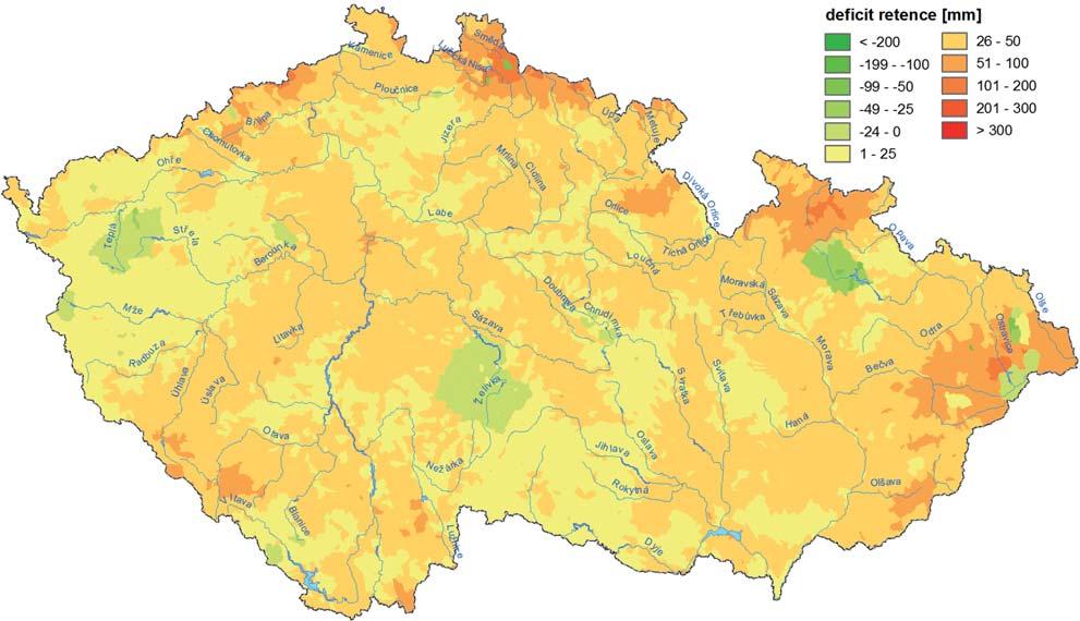 Obr. 2 Příklad deficitu retence vymezený vybranými vodními díly odvozený z přímého odtoku návrhové stoleté srážky P 100 jednodenní. Fig. 2. An example of the storage deficit defined by selected waterworks derived from the direct runoff of the design precipitation P 100 one-day.