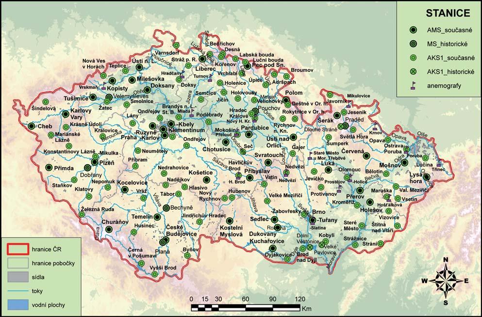 Obr. 1 Přehled meteorologických stanic s daty maximální rychlosti větru (Fmax) na území České republiky. Fig. 1. The summary of meteorological stations with extreme wind speed data (Fmax) in the area of the Czech Republic.