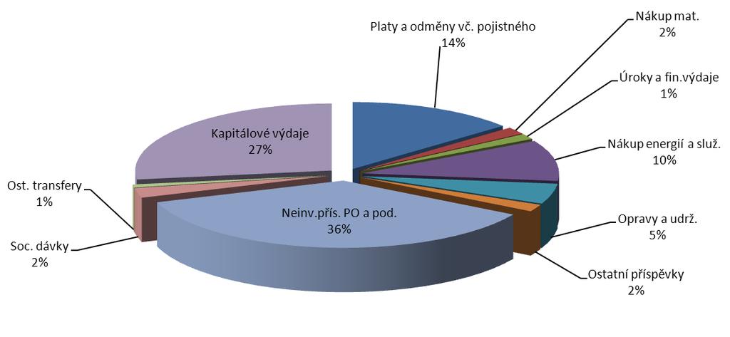 Podrobnější informace o podílu jednotlivých kumulovaných skupin výdajů na celkových výdajích nabízí následující graf: Graf č. 7: Struktura výdajů města v roce 2010 2.3.