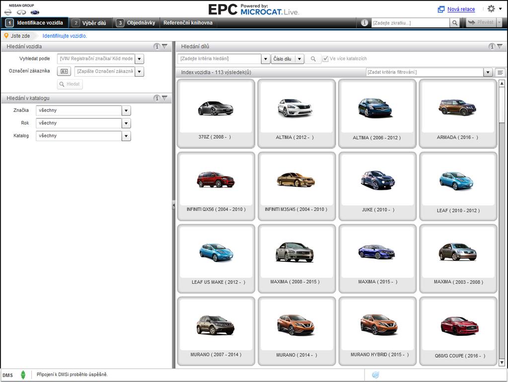 IDENTIFIKACE VOZIDLA Aplikace Nissan EPC využívající systém Microcat Live vám nabízí špičkový systém prodeje náhradních dílů. Chcete-li začít, podívejte se na hlavní obrazovky.