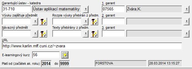 Obr. 5: Detail předmětu (záložka Předmět) j) Další informace o předmětech V programu Tajemník jsou další pole, některá je možno (ale nikoliv nutno) vyplnit v případě, že chcete studentům poskytnout