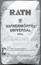 Malty a omítky ӏ Rath Hafnermörtel Universal zostřená hlína Je hotově namíchaná malta s keramickou vazbou určená pro stavbu celých akumulačních kamen technologií bez vzduchové mezery (tradiční