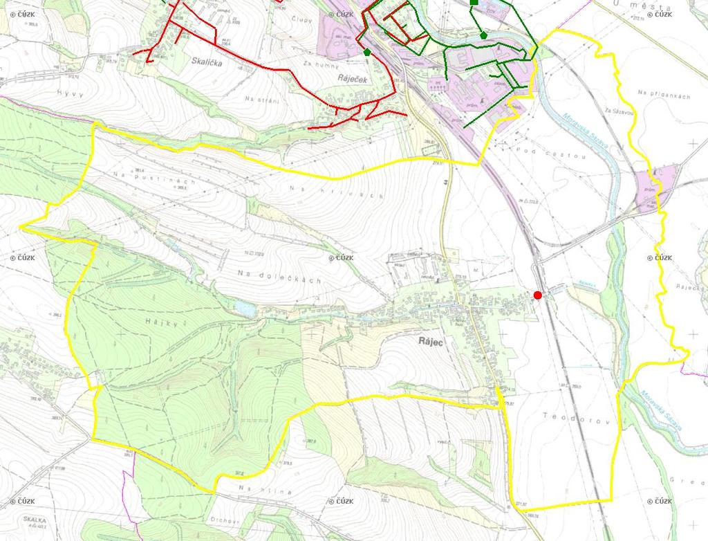 E. KANALIZACE A ČOV Mapa E1: Kanalizace - rozvody v obci Trasování sítí, lokalizace ČOV, čerpací stanice (ČS), výústě Obec: Rájec Legenda: Kanalizace: Ochranné pásmo: Vyústění: do 2015 po 2015 I IA