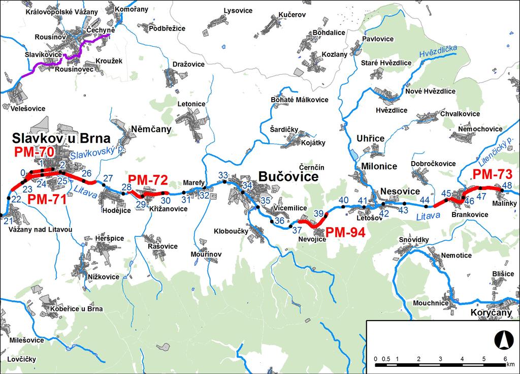 1. LOKALIZACE Předmětem řešeného území je úsek na toku Slavkovský potok v km 0,000 1,501 a úseky na toku Litava v km 22,434 26,541*, v km 28,284-30,210*, v km 37,509-39,114* a v km 44,416-47,924 *.