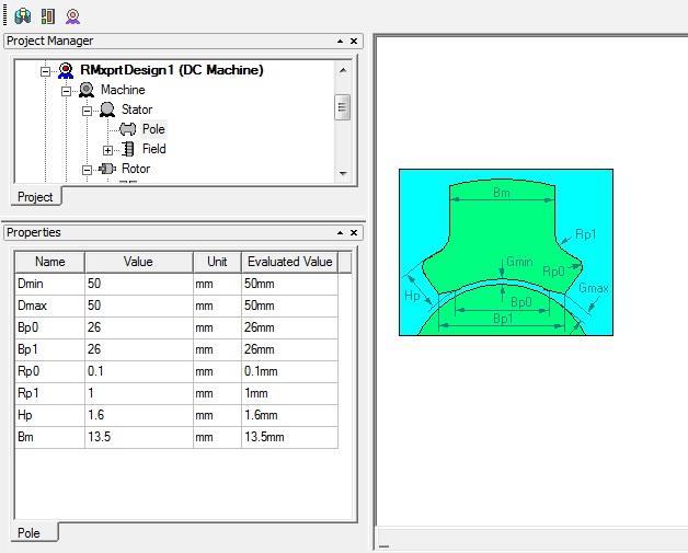 33 Obrázek 1 Pól motoru v RMxprt Poté byly zadány rozměry a parametry rotoru motoru a