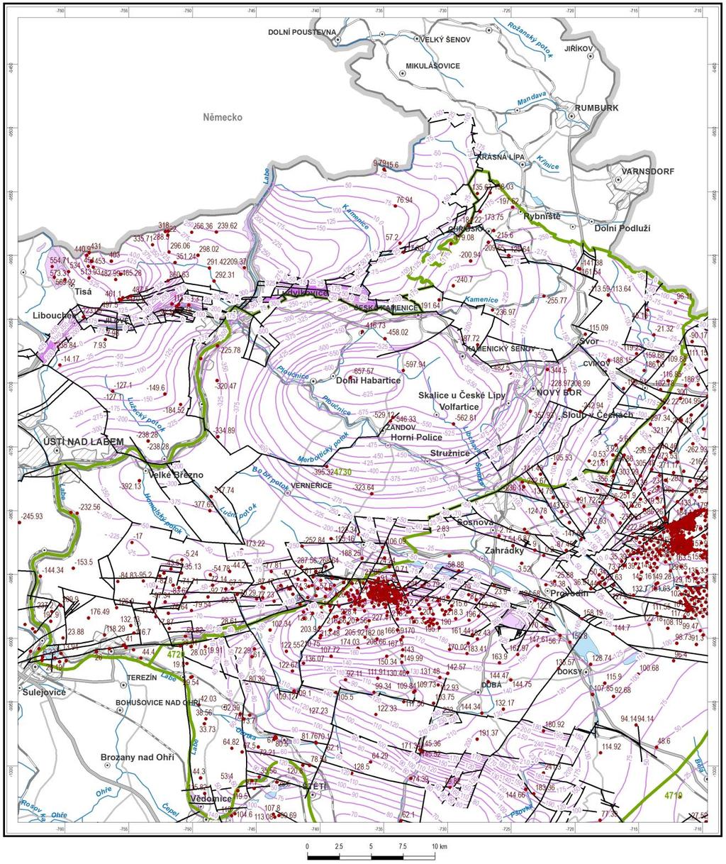 Obrázek 4-5 Izoliniová mapa povrchu kolektoru A (báze turonu) na území rajonu 4730 a v jeho okolí, zkonstruovaná na základě interpretace rozhraní ve vybraných vrtech.