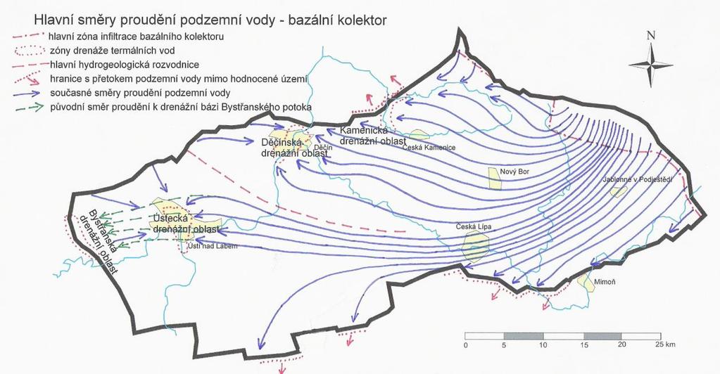 zlomové pole Středohorského zlomu. Funkce jmenovaných tektonických linií má většinou bariérový účinek s maximálním převýšením hydroizopiez 25 m.