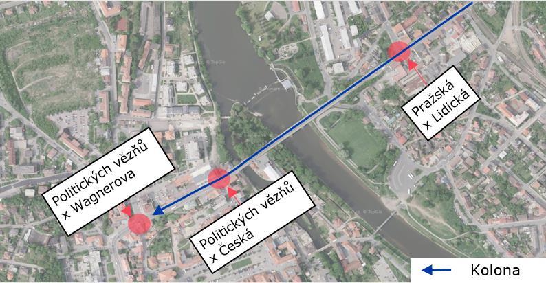 2) Problém s koordinaci navazujících SSZ od východu k západu Od křižovatky Politických vězňů x Wagnerova dochází ke