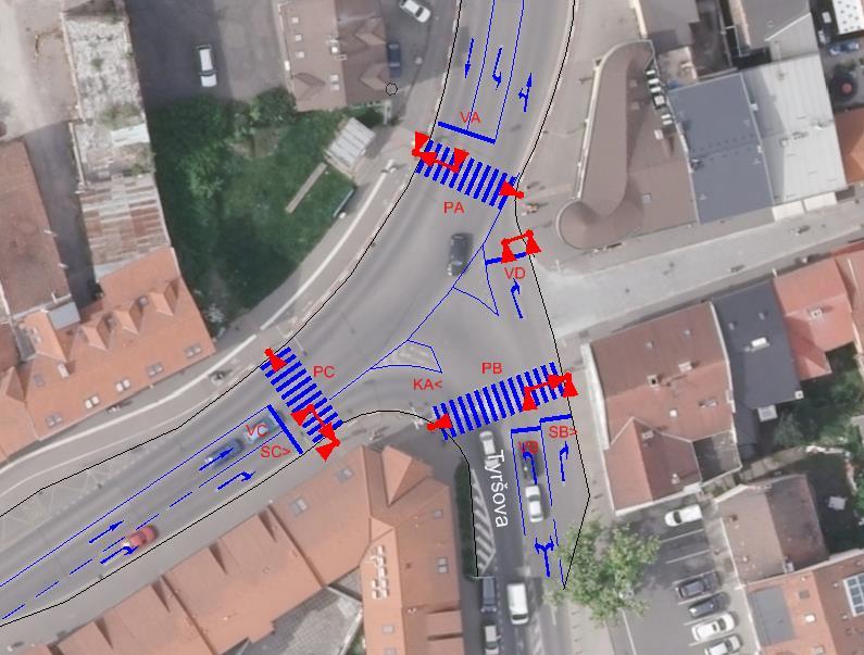 Křižovatka Politických vězňů x Tyršova x Plzeňská nový návrh signálního plánu Navržená délka cyklu 8 sekund, čtyřfázové řízení křižovatky.