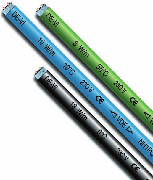 Samoregulační termokabely 47 Firma DE- nabízí 5 typů (devi-iceguard, devipipeguard 10 a 25, devi-hotwatt) samoregulačních kabelů s různým výkonem a konstrukcí v závislosti na možnosti použití