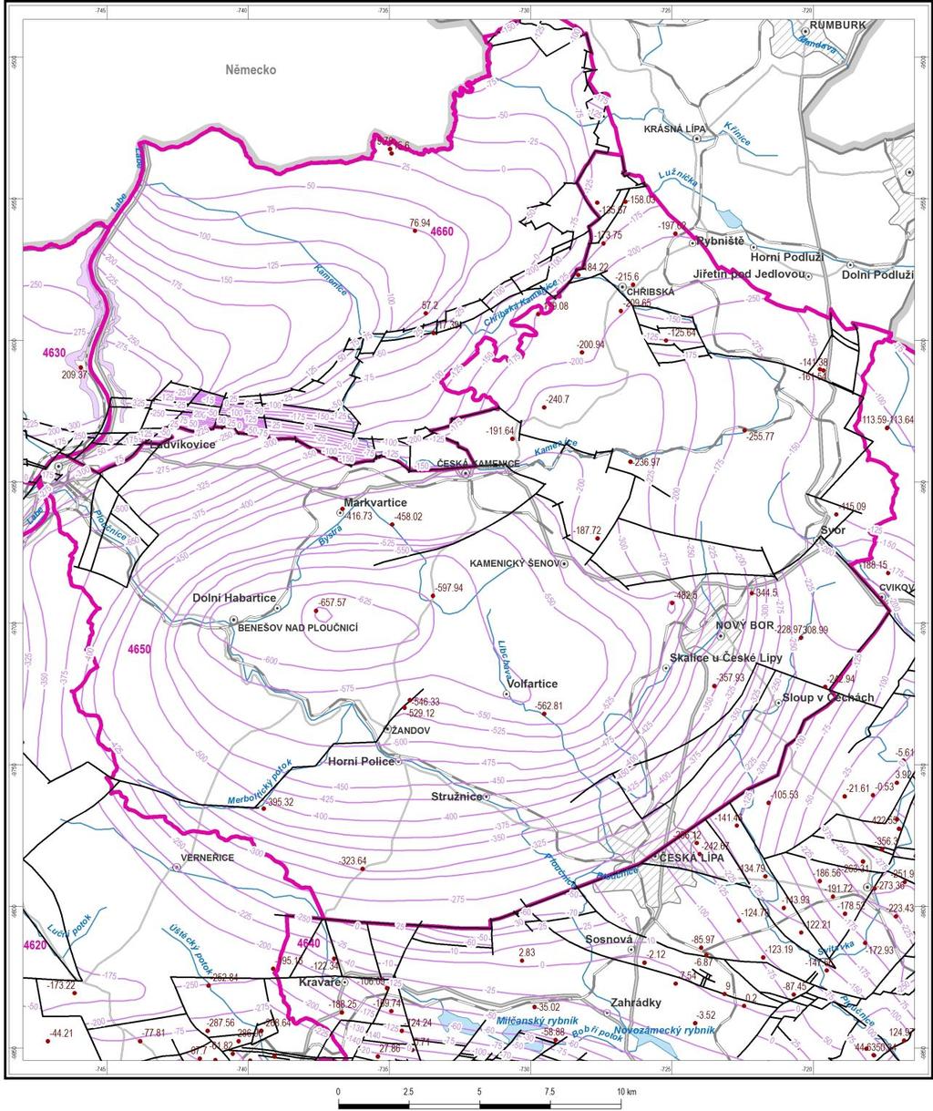 Obr. 4-5. Izoliniová mapa povrchu kolektoru A (báze turonu) na území rajonu 4660 a v jeho okolí, zkonstruovaná na základě interpretace rozhraní ve vybraných vrtech.