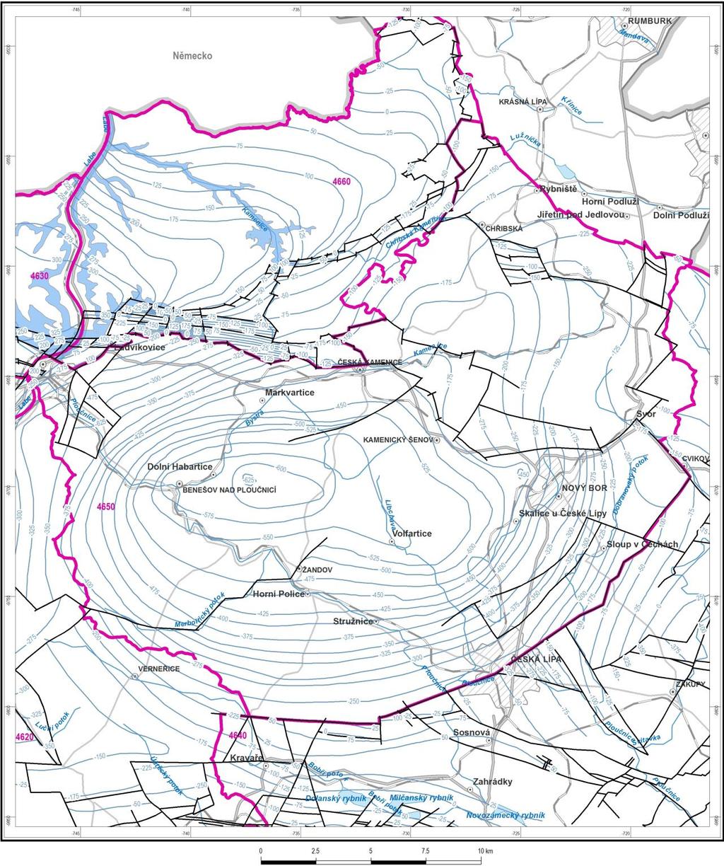 Obr. 4-6. Izoliniová mapa povrchu kolektoru B, resp. BC na území rajonu 4650 a v jeho okolí, zkonstruovaná na základě interpretace rozhraní ve vybraných vrtech.