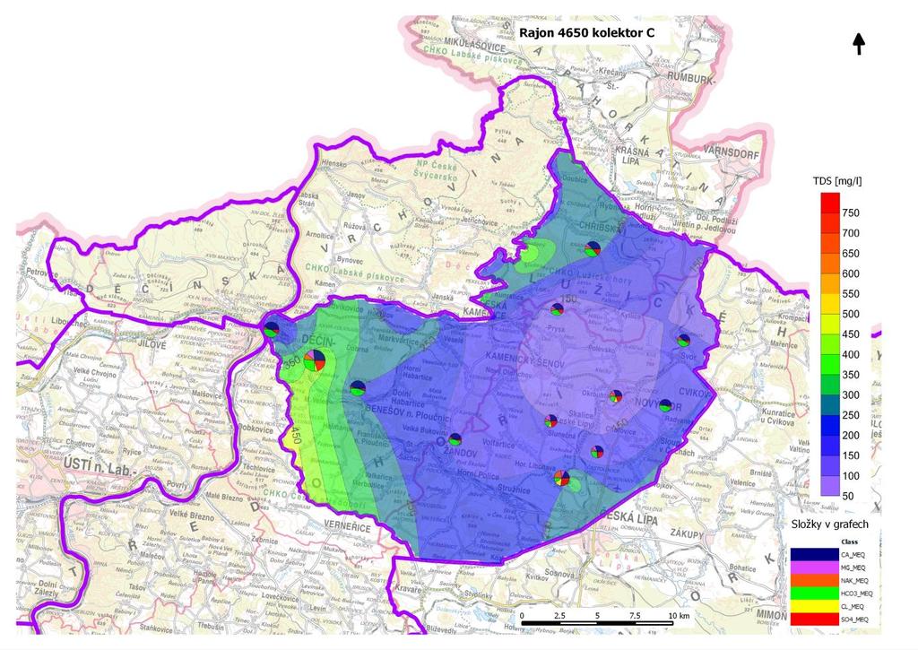 Obr. 4-47. Plošné rozdělení obsahu celkových rozpuštěných látek (TDS) Bazální kolektor A je v tomto prostoru prokazatelně ovlivněn interakcí s podložím pánve, včetně dotace endogenního CO 2. Tab.