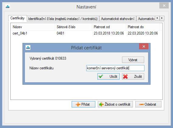 Po zmáčknutí tlačítka přidat se zobrazí import certifikátu, kde pomocí tlačítka Vybrat zvolíte soubor se serverovým