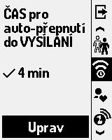 Čas pro automatické přepnutí do režimu SEND Automatické přepnutí do režimu SEND přepne radiostanici z režimu SEARCH nebo z režimu SEND při záchraně osob na režim SEND, pokud se po určitou