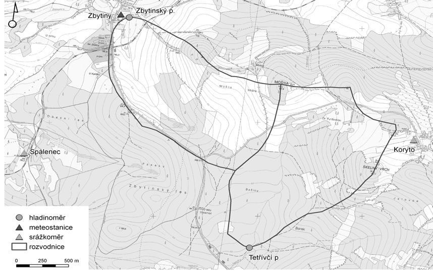 (Zbytinský p. 4,6 %, Tetřívčí potok 22,1 %), což vytváří predispozice pro výraznější odtokové odezvy v tomto povodí. Dominantní rozdíl představují odlišnosti v krajinném pokryvu (obr. 2).