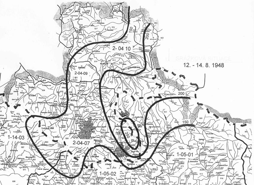 (1901 1950) za období od června do září a v tabulce 1 jsou uvedeny úhrny srážek za jednotlivé letní měsíce a vybraná jednodenní maxima.