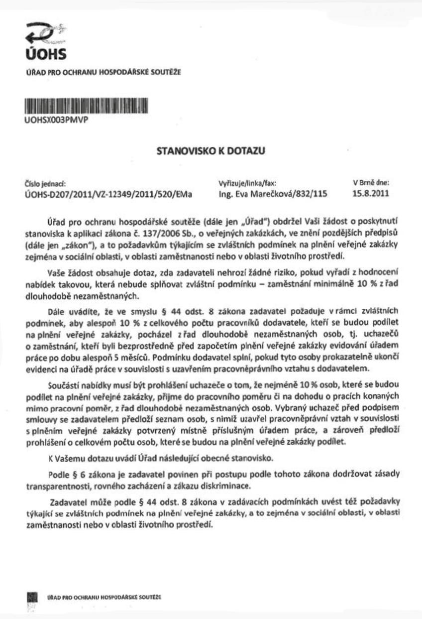 Stanovisko ÚOHS k dotazu města Litvínov na zákonnost využívání podmínky 10 % dlouhodobě