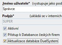 DuelSystem. Zkontrolujte sloupec Upgrade DB v agendě Uživatelé. Je-li prázdný, musíme pomocí operace Změnit uživateli aktualizaci povolit.