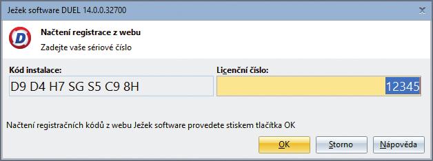 2 Registrace existujícího DUELu se změnou licence nebo úplně nová instalace Zavřete okno pro Verifikační kód a v menu Nápověda / Změna licence zvolte možnost (1) Zaslat žádost o on-line registraci a