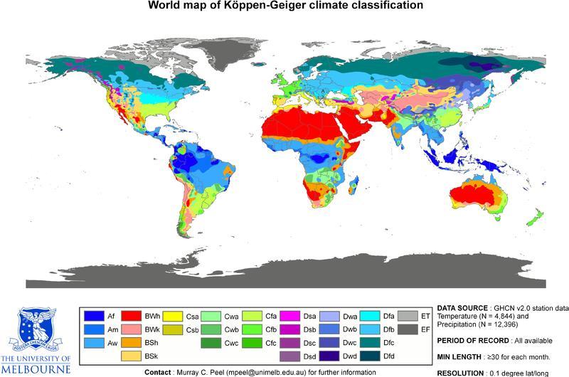 Köppenova Geigerova klasifikace podnebí http://commons.wikimedia.org/wiki/file:world_koppen_map.