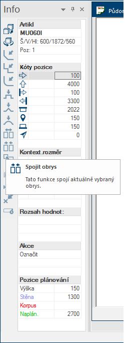 Boční panel Info Info Zde naleznete všechny aktuální informace o vybraném artiklu, například jeho název a rozměry.